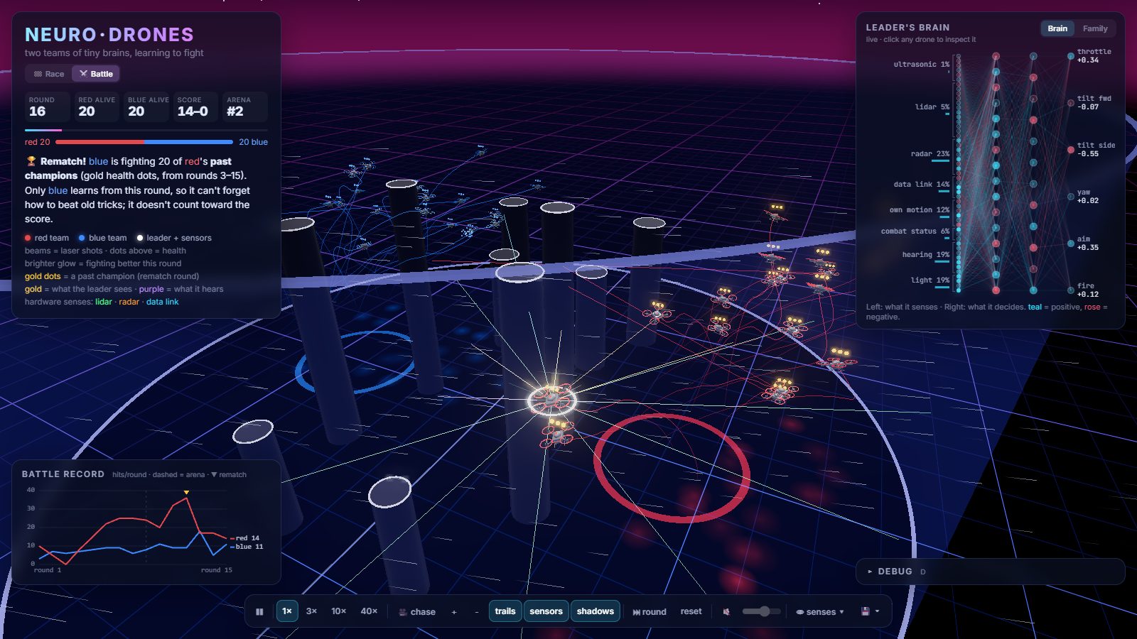 Battle mode with hardware senses: lidar beams, radar returns and the data-link target drawn from the followed drone