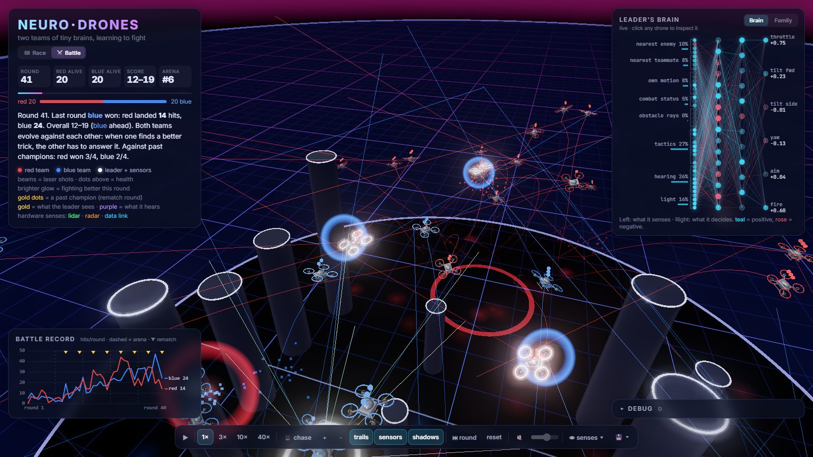 Battle mode: red and blue drones fire lasers; hits flash white with an expanding ring
